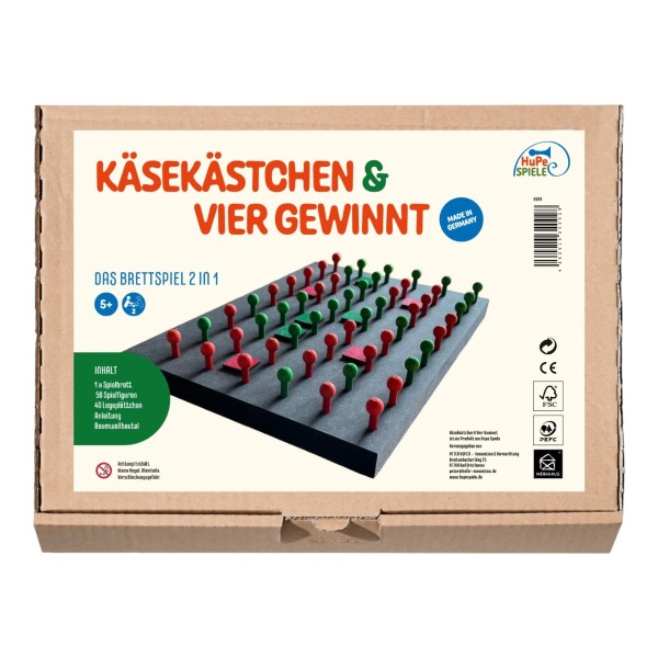 Verpackung von Käsekästchen & Vier Gewinnt mit Spielbrett und Zubehör